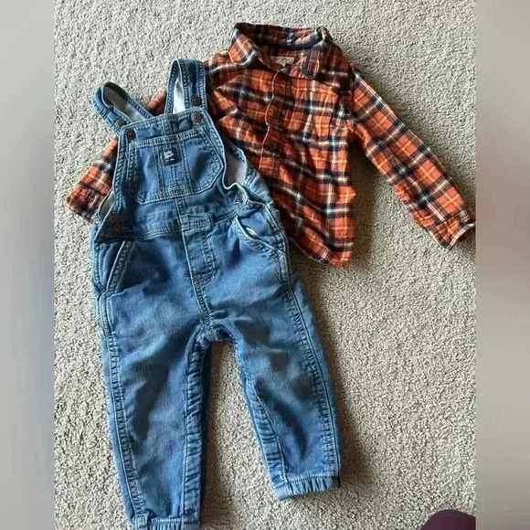 18-24 M Blue Jean Overalls W Flannel Shirt - Picture 1 of 7